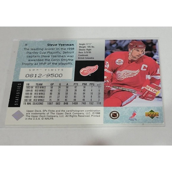 98-99 SPx FINITE LIMITED Card #30 STEVE YZERMAN DETROIT RED WINGS 812/9500 - Picture 2 of 2